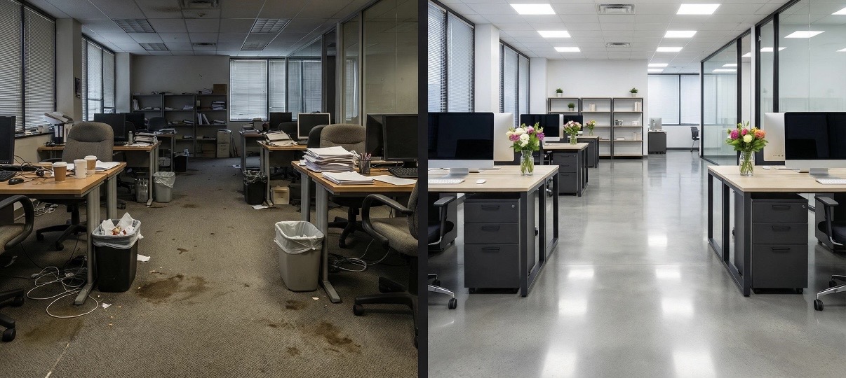 Büro vor und nach der Gebäudereinigung durch RCS