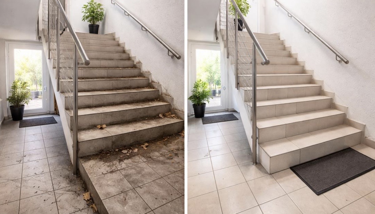 Treppenhaus vor und nach der Reinigung durch RCS