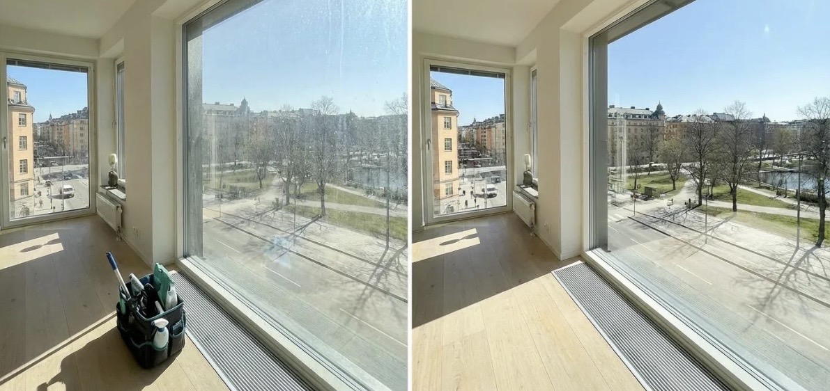 Fensterfront vor und nach der Glasreinigung durch RCS